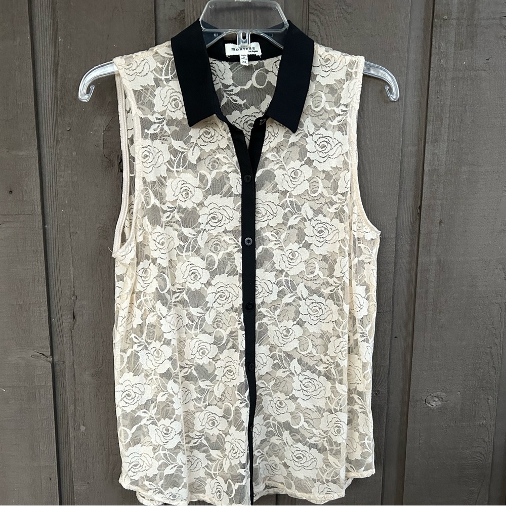 Ivory sheer lace sleeveless top with black collar